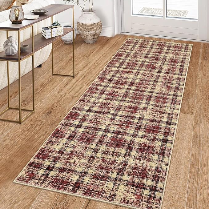 Washable Rugs Runner Rug 2x6 Modern Plaid Area Rug Soft Carpet 2'x6' Red