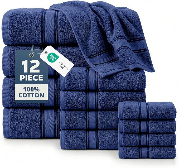 LANE LINEN Towel Set 12 Piece Soft Absorbent Quick Dry 100% Cotton - Navy | Towel Pack - Terry Weave Comfort, Long-Lasting Comfort, Hotel-Style Look, Gets Softer With Every Wash, Machine Washable