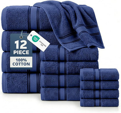 LANE LINEN Towel Set 12 Piece Soft Absorbent Quick Dry 100% Cotton - Navy | Towel Pack - Terry Weave Comfort, Long-Lasting Comfort, Hotel-Style Look, Gets Softer With Every Wash, Machine Washable