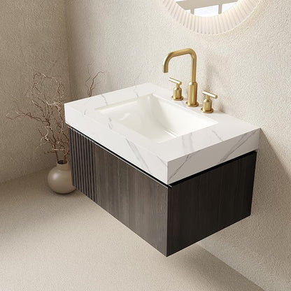 KEIKI 30 Inch Floating Bathroom Vanity with Sink, Espresso & White | Modern Wall Mounted Storage Cabinet w/ Drawer & Door, Pre-assembled Wood Panels, Sintered Stone Top & Ceramic Basin Combo Set
