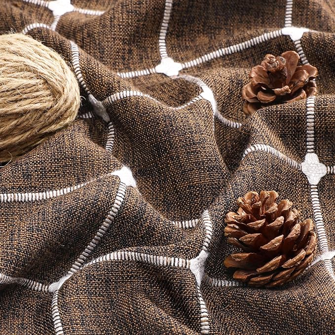 MitoVilla 72 x 84 Brown Boho Extra Long Shower Curtain, Farmhouse 84 inch XL Polyester Linen Texture Tassel Fabric Shower Curtain Set with Hooks for Cottagecore Country Bathroom Decor