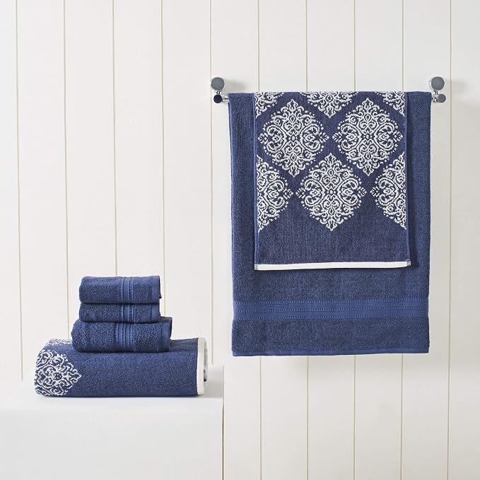 Modern Threads 6-Piece 100% Cotton Damask Medallion Towel Set, Navy | Highly Absorbent, Soft & Plush, Quick-Drying, 550 GSM, Color-Rich Yarn-Dyed Design, OEKO-TEX Certified