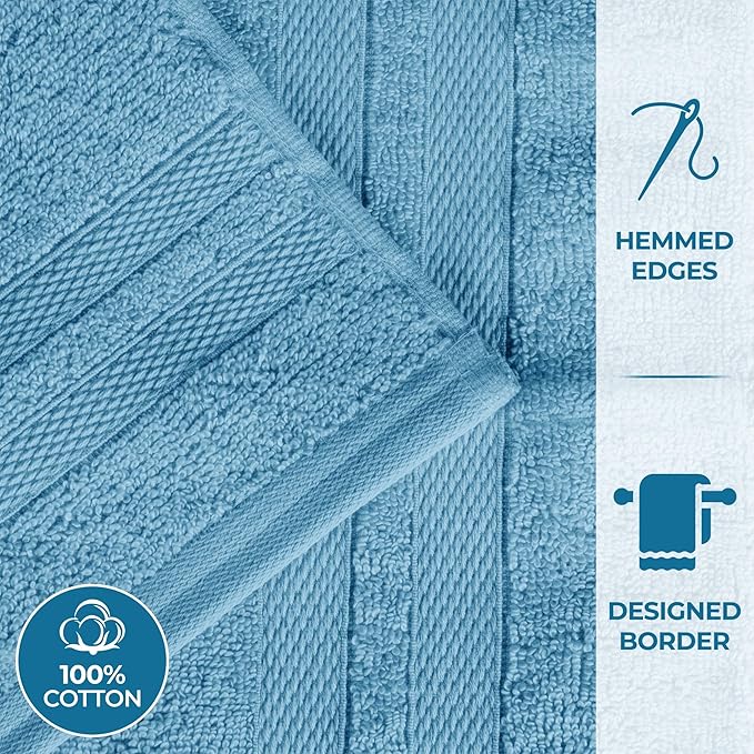 Superior Ultra-Soft Cotton Bath Towel Set, Quick-Dry, Absorbent, Shower, Spa Basics, Large Towels, Bathroom Sets, Bath Essentials, Solid, Double Line Dobby Border, 2 Pack, Set of 2, Denim Blue
