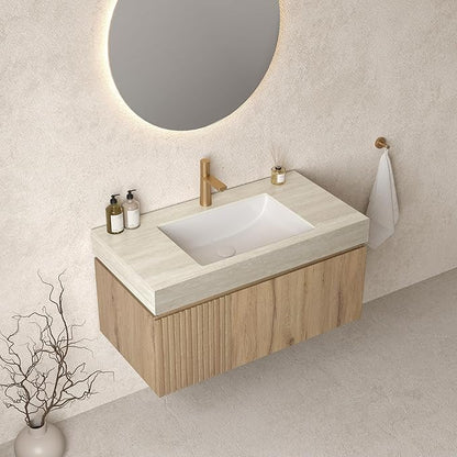 Ambrovina 36 inch Bathroom Vanity with Sink, Wall Mounted Storage Vanities with Drawer and Door, Roma Travertine-Pattern Countertop and Ceramic Basin, Pre-Assembled Cabinet, Light Wooden Color