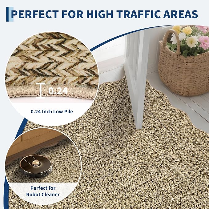 Imitation Braided Collection-Print Large Washable Rug 9x12 Non-Slip Area Rugs for Living Room, Natural Bordered Carpet, Stain Resistant Thin Foldable Floor Cover for Nursery Dining Room