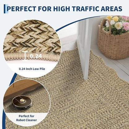 Imitation Braided Collection-Print Large Washable Rug 9x12 Non-Slip Area Rugs for Living Room, Natural Bordered Carpet, Stain Resistant Thin Foldable Floor Cover for Nursery Dining Room