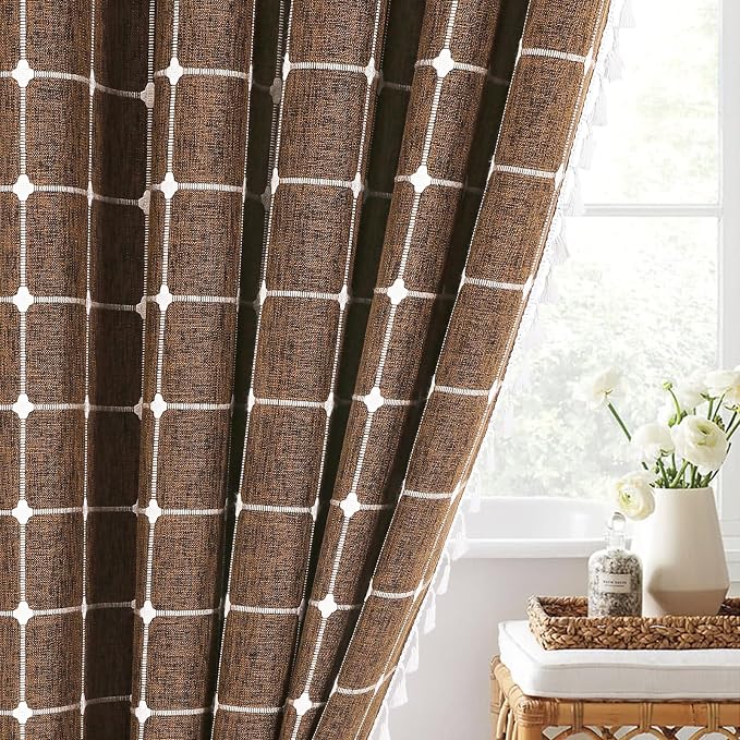 MitoVilla Brown 72 x 78 Farmhouse Shower Curtain, Boho 78 inch Long Polyester Linen Tassel Fabric Shower Curtain Set for Chic Cottagecore French Rustic Bathroom Decor