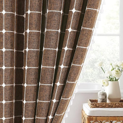 MitoVilla Brown 72 x 78 Farmhouse Shower Curtain, Boho 78 inch Long Polyester Linen Tassel Fabric Shower Curtain Set for Chic Cottagecore French Rustic Bathroom Decor