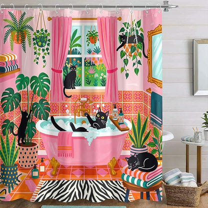 Accnicc Funny Cat Shower Curtain for Bathroom 72 X 84 Inches | Boho Cute Fun Black Cats Extra Long Shower Curtains, Tropical Plant Pink Bathroom Decor, Water-Resistant Washable Polyester