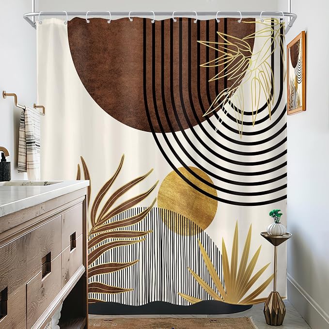 Mid Century Brown Boho Abstract Modern Gold Bathroom Shower Curtain Set | 72Wx72H Arch Sun design, waterproof HD print with fast-drying fabric and 12 hooks.