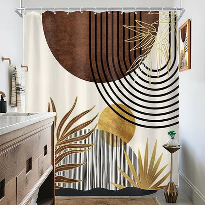 Mid Century Brown Boho Abstract Modern Gold Bathroom Shower Curtain Set | 72Wx72H Arch Sun design, waterproof HD print with fast-drying fabric and 12 hooks.