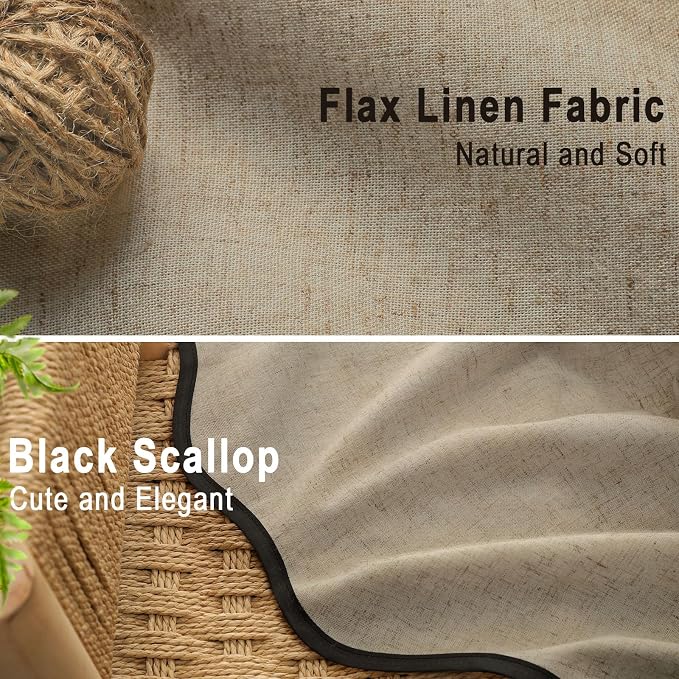 Scalloped Shower Curtain Linen Boho Flax Khaki 72" W x 72" L | Linen Fabric, Black Border, Washable, Heavy Duty Cloth, Shower Curtain for Boho Farmhouse Bathroom Bathtub