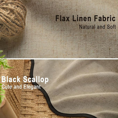 Scalloped Shower Curtain Linen Boho Flax Khaki 72" W x 72" L | Linen Fabric, Black Border, Washable, Heavy Duty Cloth, Shower Curtain for Boho Farmhouse Bathroom Bathtub