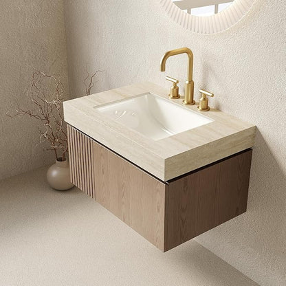 Ambrovina 30" Floating Bathroom Vanity with Sink, Modern Storage Vanities with Drawer and Door, Roma Travertine Top and 3 Pre-drilled Faucet Holes Ceramic Basin, Pre-Assembled Cabinet, Light Brown