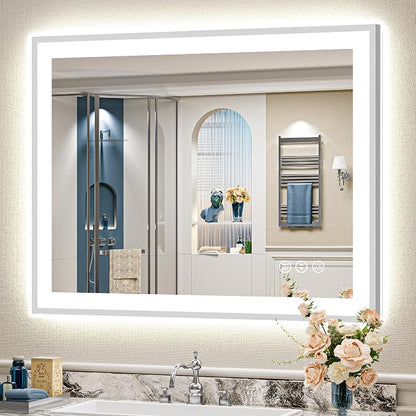 40x32 Inch Brushed Nickel LED Bathroom Mirror, Backlit & Front Lit | Silver Framed Anti-Fog Lighted Vanity Mirror with Lights, 3 Color Dimmable, Memory, HD Tempered Glass, CRI95, IP54, UL Listed