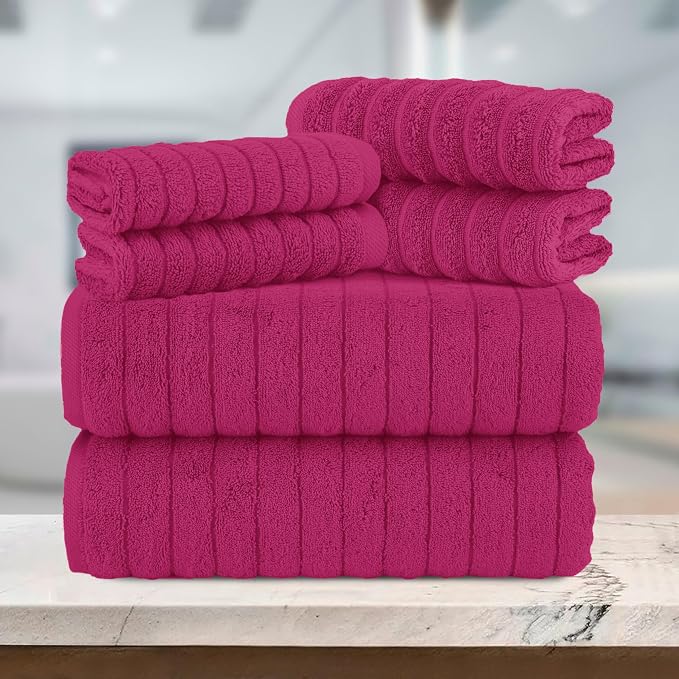 Elegant Comfort 100% Turkish Cotton Corduroy Ribbed Luxury Bath Towels 6-Piece Set, Premium Feel - Quick Dry, Highly Absorbent, Contains 2 Bath Towels, 2 Hand Towels, and 2 Washcloths, Hot Pink