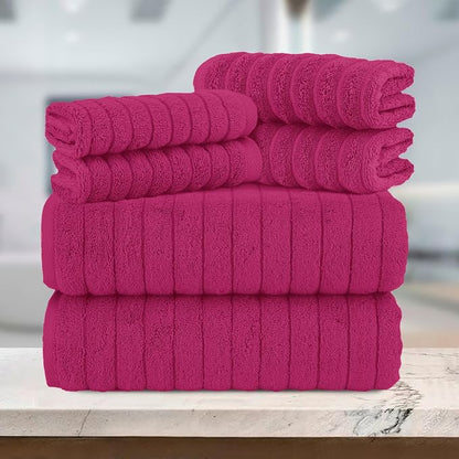 Elegant Comfort 100% Turkish Cotton Corduroy Ribbed Luxury Bath Towels 6-Piece Set, Premium Feel - Quick Dry, Highly Absorbent, Contains 2 Bath Towels, 2 Hand Towels, and 2 Washcloths, Hot Pink