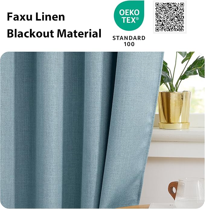 NICETOWN French Door Blackout Curtain for Kitchen Thermal Insulated Faux Linen Drapes Temporary Window Treatment Covering for Glass Door Rod Pocket with Tieback, 25" x 80", Mist Blue, 1 Panel