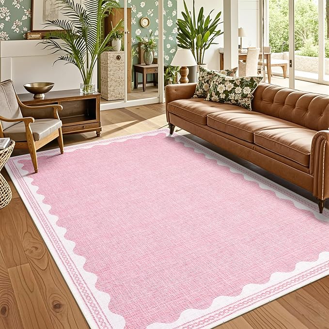 Garvee Modern Bordered Rugs for Living Room 8x10 Large Washable Rug Pink | Non Slip Low Pile Soft Carpet Foldable Non Shedding Stain Resistant Floor Cover for Bedroom Playroom Nursery Office Dorm