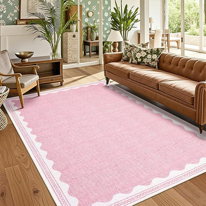 Garvee Modern Bordered Rugs for Living Room 8x10 Large Washable Rug Pink | Non Slip Low Pile Soft Carpet Foldable Non Shedding Stain Resistant Floor Cover for Bedroom Playroom Nursery Office Dorm