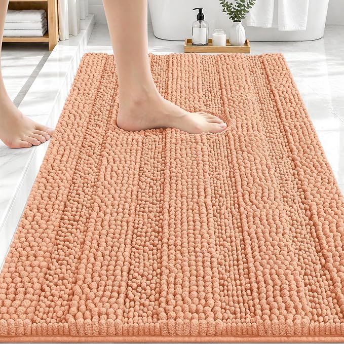 OLANLY Thick Bathroom Rugs 30x20, Soft Chenille Striped Bath Rugs, Peach | Rubber Backing, Machine Wash, Extra Absorbent Bath Mats for Bathroom Floor, Tub and Shower, Home Decor Accessories