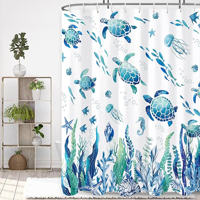 Nautical Sea Turtle Shower Curtain Cute Kids Coastal Shower Curtain Set with Waterweed Jellyfish for Bathroom Decor Waterproof Machine Washable Shower Curtains with 12 Hooks, 72x72 Inch