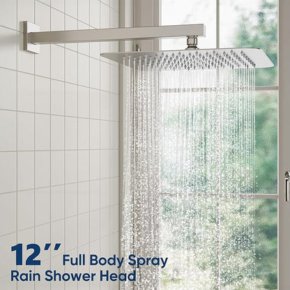 ESNBIA Shower System, 12 Inches Pressure Balance Shower Faucet Set, Rain Shower Heads with Handheld Spray Combo, High Pressure Rainfall Shower Head System, Wall Mounted Shower Fixtures, Brushed Nickel