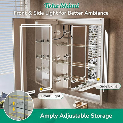 TokeShimi 40x32 Inch LED Medicine Cabinet with Lighted Mirror, 3 Color Stepless Dimming Bathroom Cabinet with Defogger Tempered, CRI 80+, Anti-Fog, Memory Funtion, Wall Lit Mirror with Storage