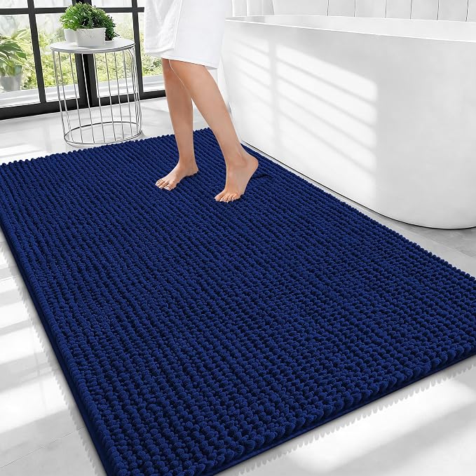 OLANLY Thick Chenille Large Bathroom Rugs 40x32, Absorbent Bath Mat, Navy | Soft Bath Rugs, Rubber Backing, Machine Wash Dry, Bath Mats for Bathroom, Tub and Shower, Home Decor Accessories