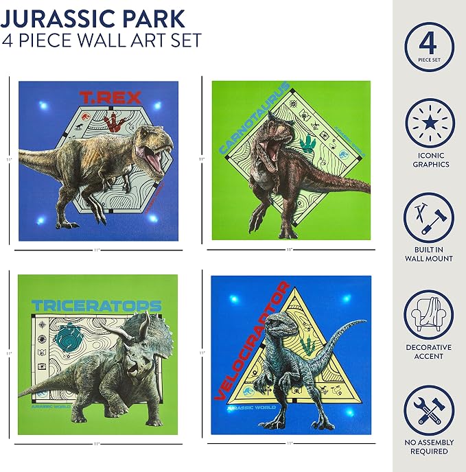 Idea Nuova Universal Jurassic World Canvas 4 Pack LED Wall Art Set,Childrens Wall Hanging Décor,Each Piece 11"x11"