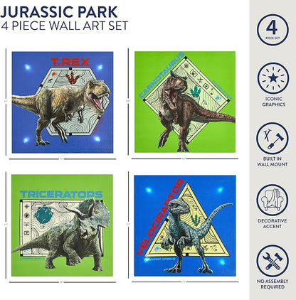Idea Nuova Universal Jurassic World Canvas 4 Pack LED Wall Art Set,Childrens Wall Hanging Décor,Each Piece 11"x11"