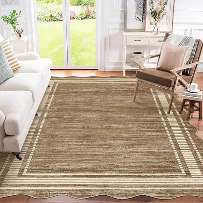 Garvee Brown Scalloped 8x10 Rugs Washable Area Rugs for Living Room | Rugs for Living Room, Non-Slip Soft Carpet for Bedroom, Scalloped Low-Pile Solid Rug Accent Rug for Dining Room Home Office