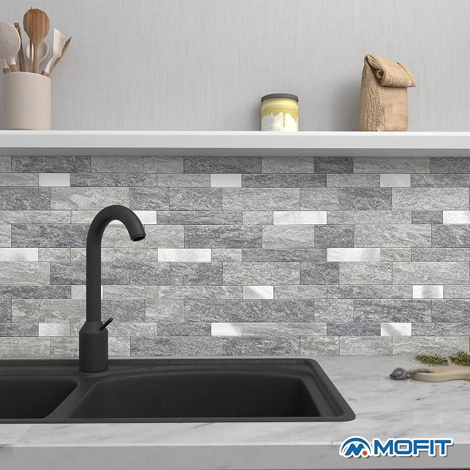Stone Peel Stick Backsplash Tiles Kitchen Wall Gray Silver 5pcs