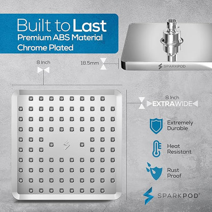 SparkPod Rain Shower Head, 8 Inch Square, Luxury Polished Chrome Finish | High Pressure Shower Heads, 90 Nozzles, Adjustable Showerhead, No Tools Needed, Universal Connection