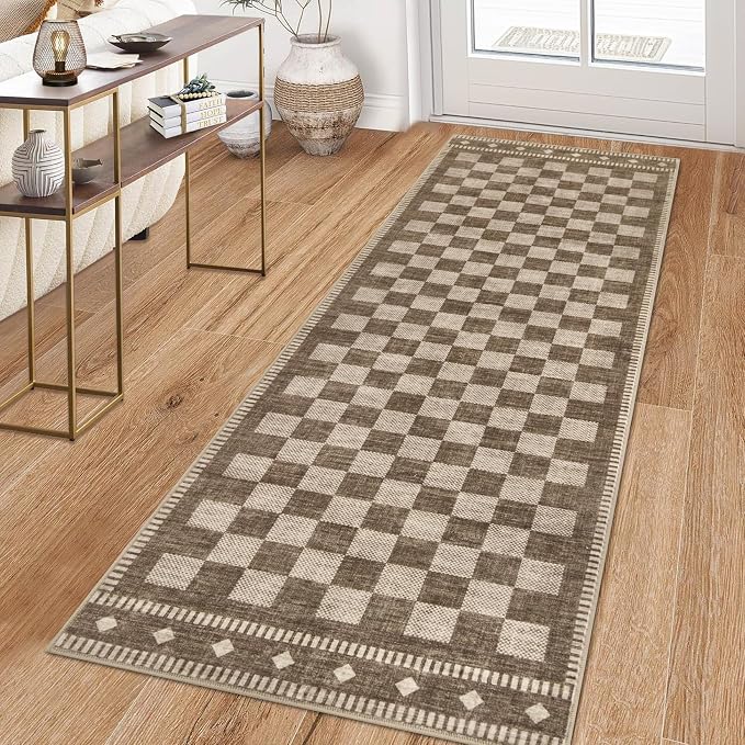 Garvee Washable Runner Rug 2x6 Checkered Non Slip Kitchen Rugs, Brown | Brown Entryway Rug Farmhouse Soft Bathroom Rugs Low Pile Stain Resistant Carpet for Hallway Laundry Bedroom 2'x6' Brown