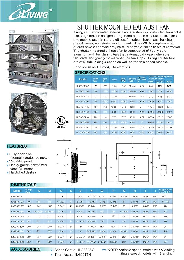 iLiving - 18" Wall Mounted Shutter Exhaust Fan - Automatic Shutter - Single Speed - Vent Fan For Home Attic, Shed, or Garage Ventilation, 3852 CFM, 5800 SQF Coverage Area, Silver (ILG8SF18S)