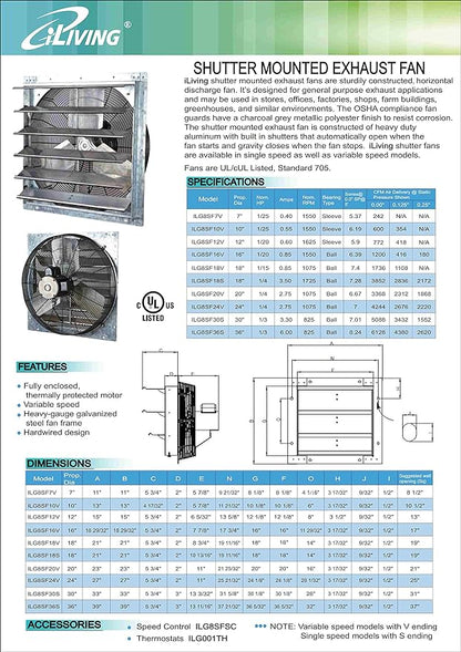 iLiving - 18" Wall Mounted Shutter Exhaust Fan - Automatic Shutter - Single Speed - Vent Fan For Home Attic, Shed, or Garage Ventilation, 3852 CFM, 5800 SQF Coverage Area, Silver (ILG8SF18S)