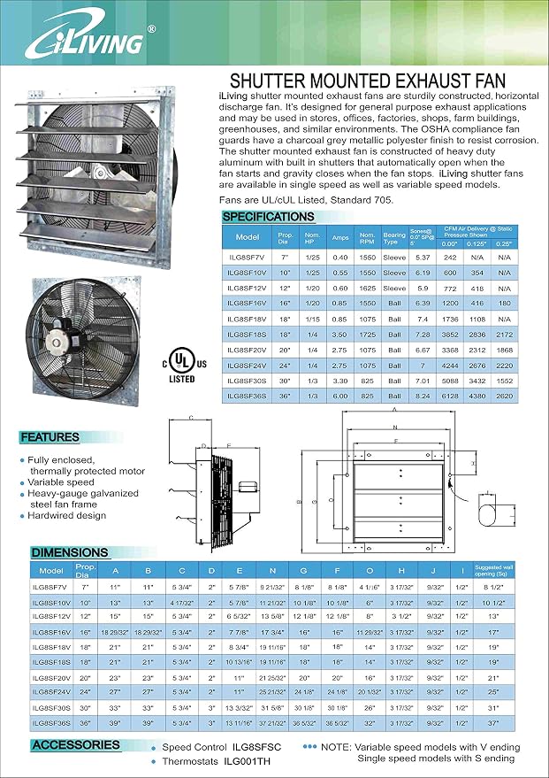 iLiving - 16" Wall Mounted Exhaust Fan - Automatic Shutter - Variable Speed - Vent Fan For Home Attic, Shed, or Garage Ventilation, 1200 CFM, 1800 SQF Coverage Area (Power Cord Not Included)