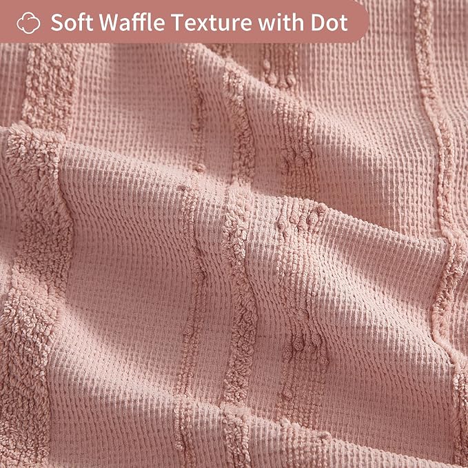 Pink Shower Curtain Boho, Cotton Blend Waffle Shower Curtain Textured, Fabric Shower Curtains for Bathroom, Washable 72 x 72