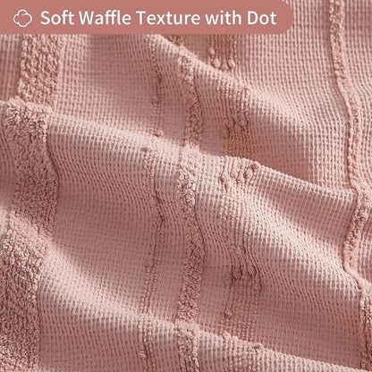 Pink Shower Curtain Boho, Cotton Blend Waffle Shower Curtain Textured, Fabric Shower Curtains for Bathroom, Washable 72 x 72