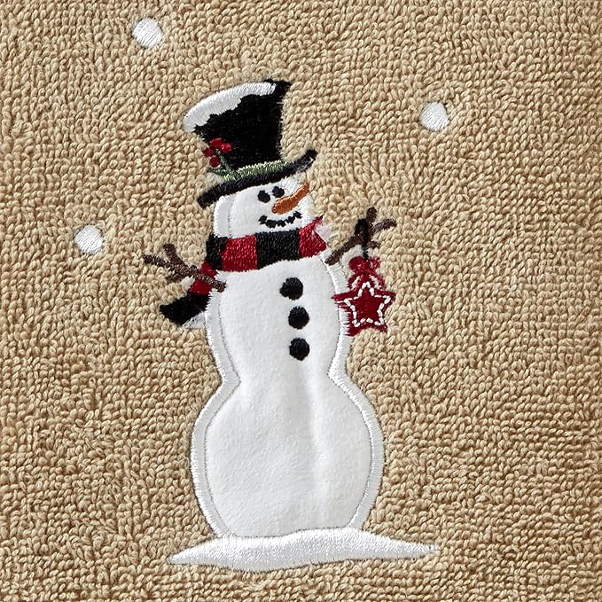 SKL Home Christmas/Winter Rustic Plaid Snowman Hand Towel Set-2pc, Wheat | 100% Cotton. 500 GSM. Soft & absorbent terry with embroidery. Great for the bathroom, kitchen or bar & holiday gifting.