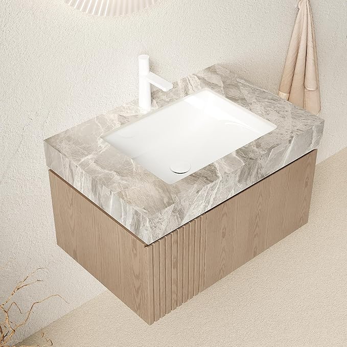 Ambrovina 30" Floating Bathroom Vanity with Sink, Modern Plywood Bathroom Storage Cabinet with Drawer and Door, Gray Sintered Stone Countertop and White Ceramic Basin, Pre-Assembled, Light Brown