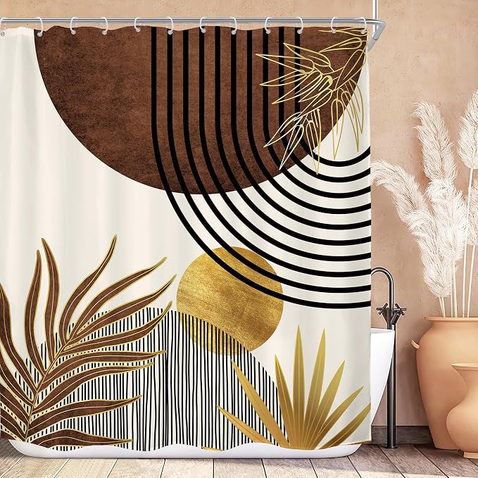Mid Century Brown Boho Abstract Modern Retro Bathroom Shower Curtain Set | 72Wx78H Tan Gold design, waterproof HD print with fast-drying fabric and 12 hooks.
