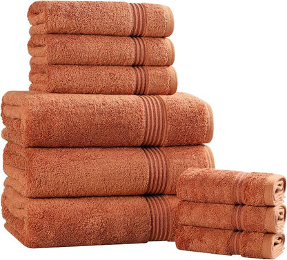 SUPERIOR Egyptian Cotton 9-Piece Towel Set, Assorted Towels for Home Bathroom, Master Bath, Decor Essentials, Includes 3 Bath, 3 Hand, 3 Face Towels/Washcloths, Quick Dry, Absorbent, Caramel Brown