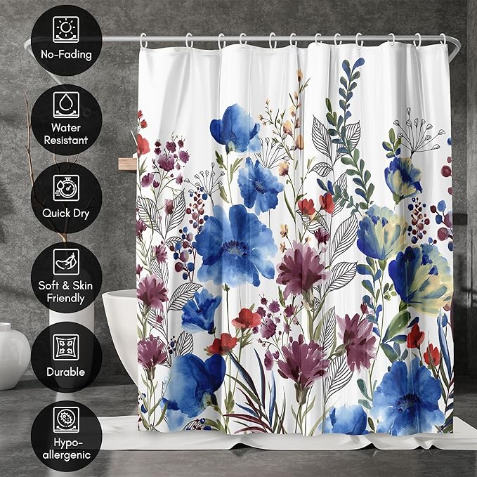 Americanflat 71x74 Floral Shower Curtain - Water-Resistant Long Shower Curtain with Metal Grommets and 12 Hooks - 100% Polyester - Botanical Bathroom Curtains - Blue, Purple, Crimson, Green and White