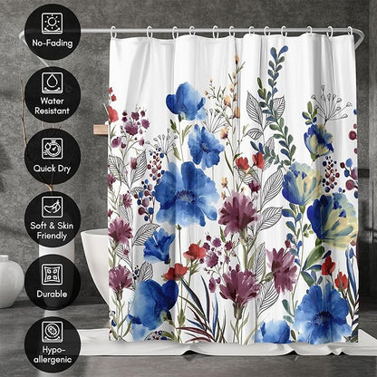 Americanflat 71x74 Floral Shower Curtain - Water-Resistant Long Shower Curtain with Metal Grommets and 12 Hooks - 100% Polyester - Botanical Bathroom Curtains - Blue, Purple, Crimson, Green and White
