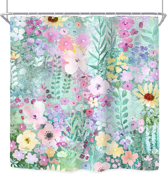 Teal Floral Cute Wildflower Watercolor Boho Art Bathroom Shower Curtain Set | 72"W x 72"H Leaves Botanical; waterproof HD print, quick-dry fabric with 12 hooks for easy hanging.