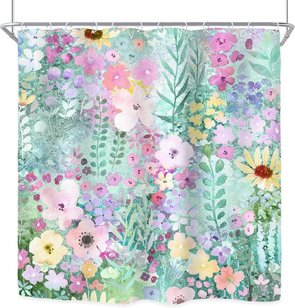 Teal Floral Cute Wildflower Watercolor Boho Art Bathroom Shower Curtain Set | 72"W x 72"H Leaves Botanical; waterproof HD print, quick-dry fabric with 12 hooks for easy hanging.
