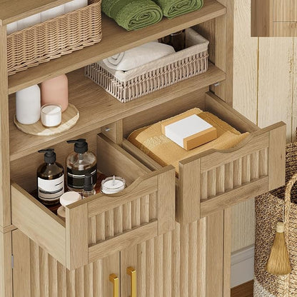 Iwell Tall Storage Cabinet, Fluted Cabinet with 2 Drawers & Adjustable Shelf, Bathroom Storage Cabinet, Kitchen Pantry Storage Cabinet, for Living Room, Dining Room, Home Office, Natural Oak