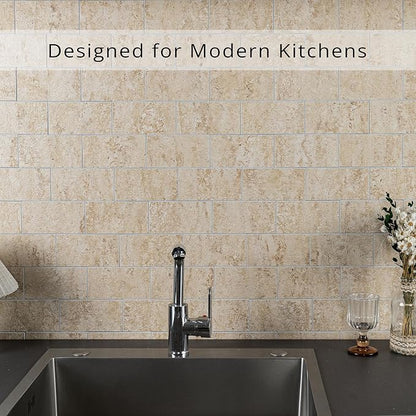StyloVue 100 Pieces Peel and Stick Backsplash for Kitchen, 3" x 6" PVC Subway Tile, 2026 Upgraded Classic Travertine Beige, Stick on Tile for Kitchen, Fireplace, RV